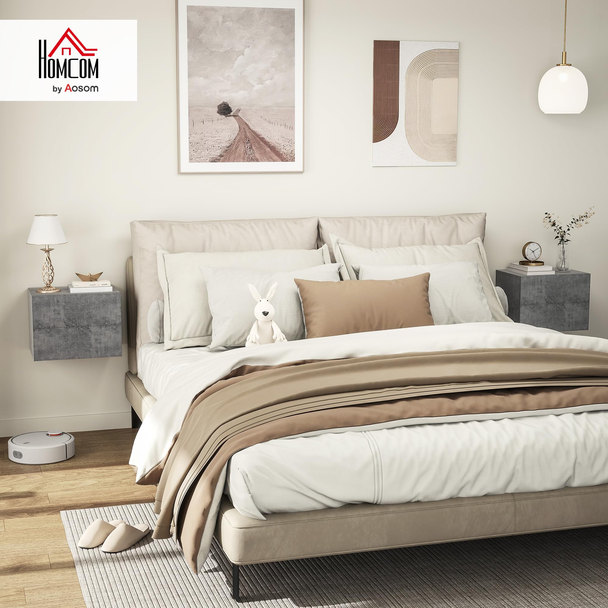 HOMCOM Set di 2 Comodini Sospesi con 2 Cassetti 40x29x30 cm Grigio Cemento | Comodini Camera da Letto, Tavolini Salvaspazio da Salotto