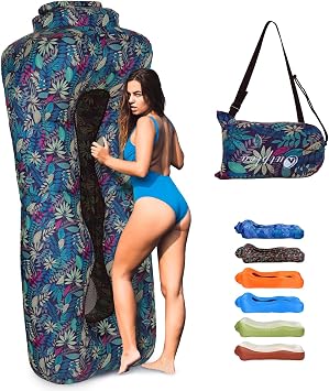 Inflatable Lounger Air Sofa Waterproof, Portable Blow Up Lounger with Mesh Back, Inflatable Beach Lounger for Pool Camping Travel, Tropical Blue