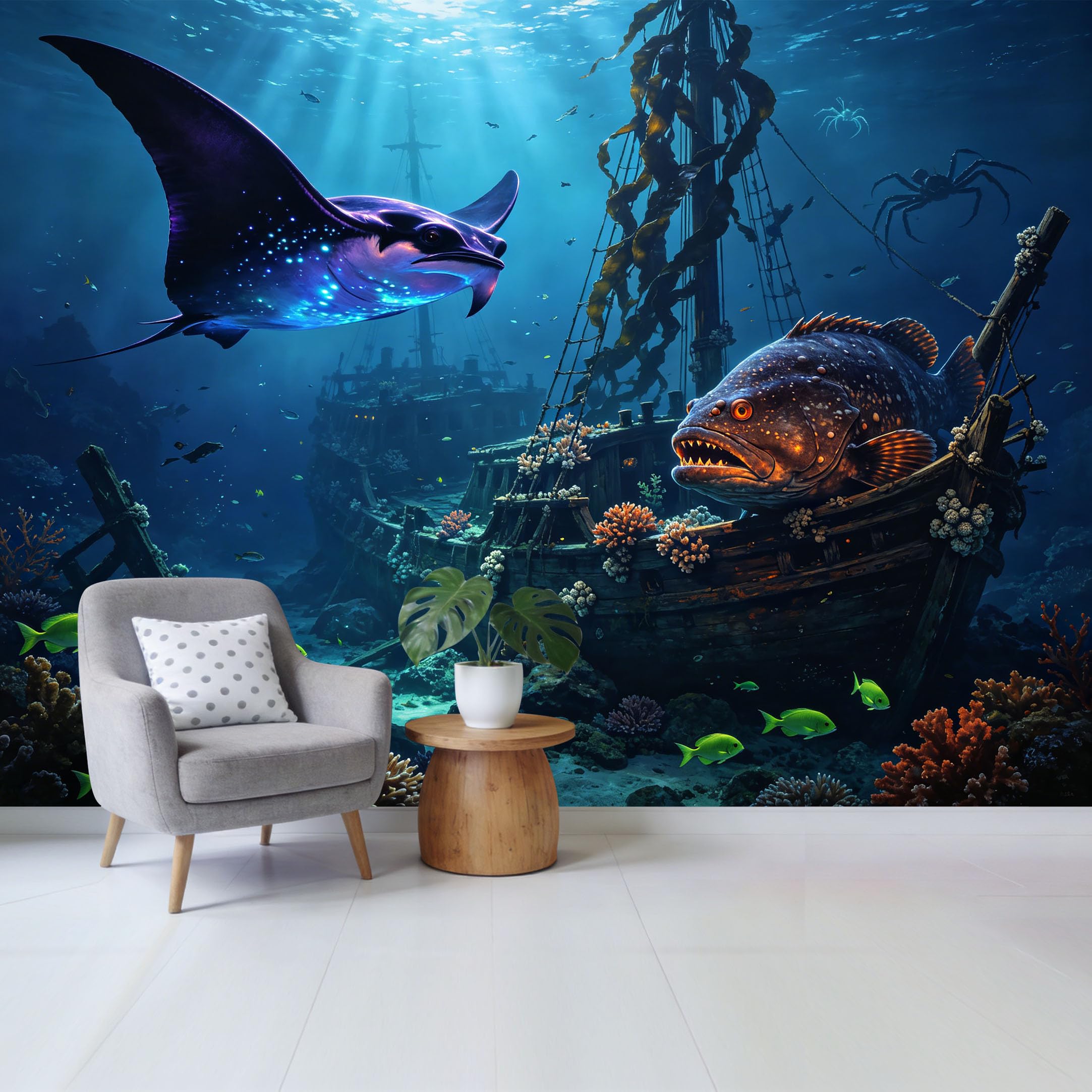 Custom Size Wall Mural Ocean Marine Underwater Shipwreck Scene with Giant Fish Manta Ray Coral Reef Removable Self Adhesive Fabric Home Wall Decor for Living Room Bedroom Bathroom