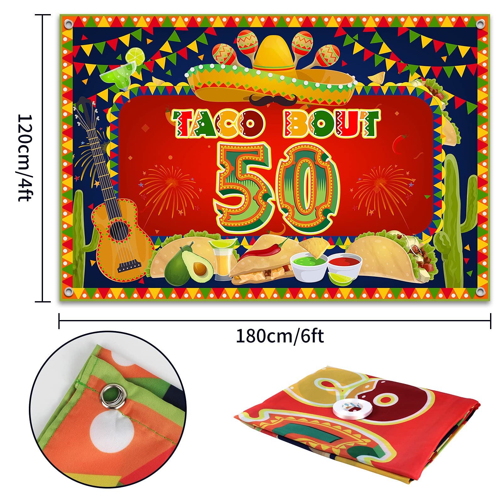 HAMIGAR 6x4ft Happy 50th Birthday Banner Backdrop - Taco Bout 50 Fiesta Mexican Cactus Birthday Decorations Party Supplies for Men