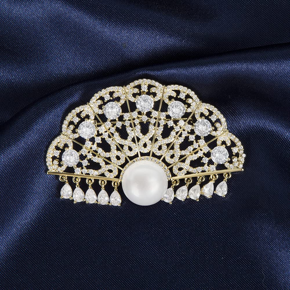 Brosche für Frauen Mode Chinesischer Stil Fan Pin mit Zirkonia Perlen Broschen und Pins Hochzeit Geburtstag Geschenk, Messing, Zirkonia