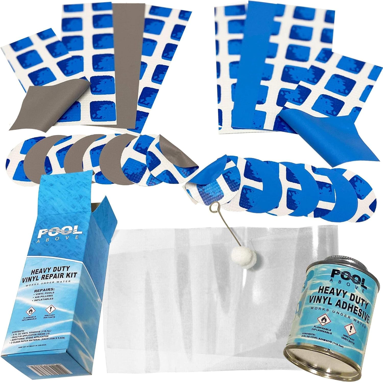 Vinyl Repair Patch Kit with 4 oz. Glue | Works Under Water | Includes 24 Pool Liner Patches