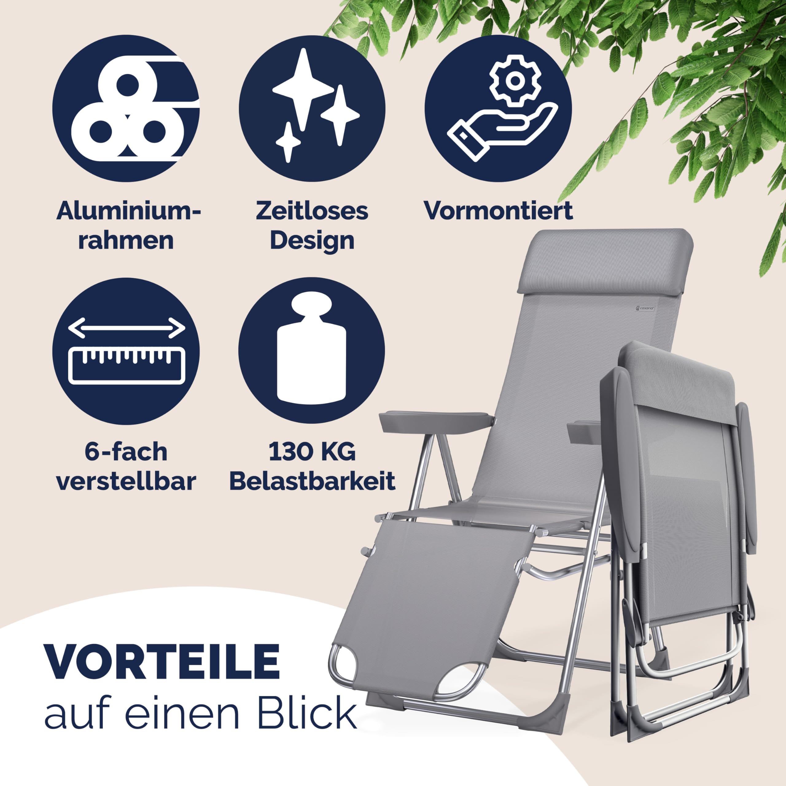 Casaria® Gartenstuhl mit Fußteil 2er Set 6fach Verstellbar Liegefunktion Alu Faltbar Klappbar Hohe Rückenlehne Campingstuhl Klappstuhl Hochlehner Grau