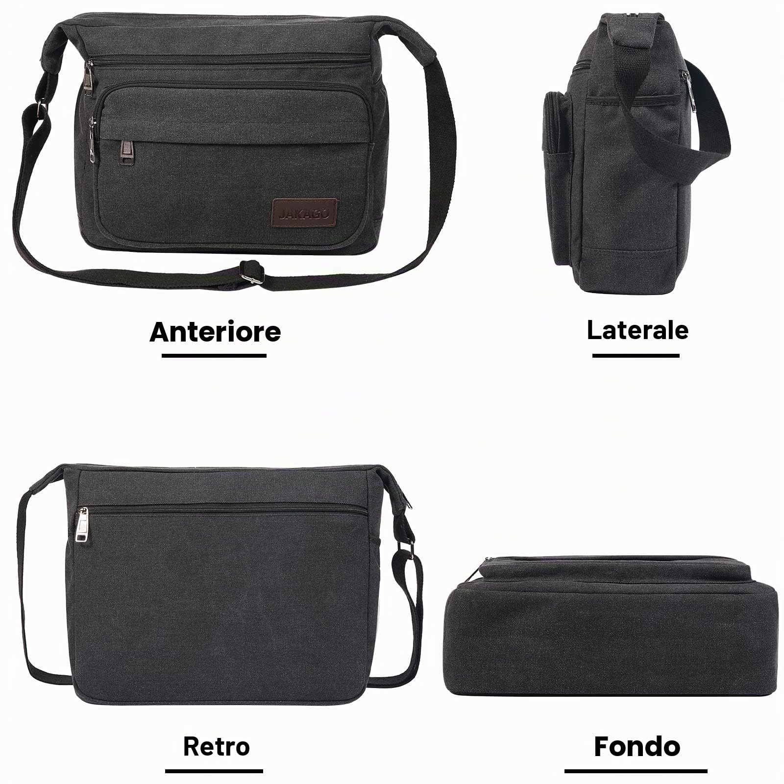 JAKAGO Borsa a tracolla in tela da uomo/donna con tasche multiple per scuola viaggi pesca campeggio uso quotidiano