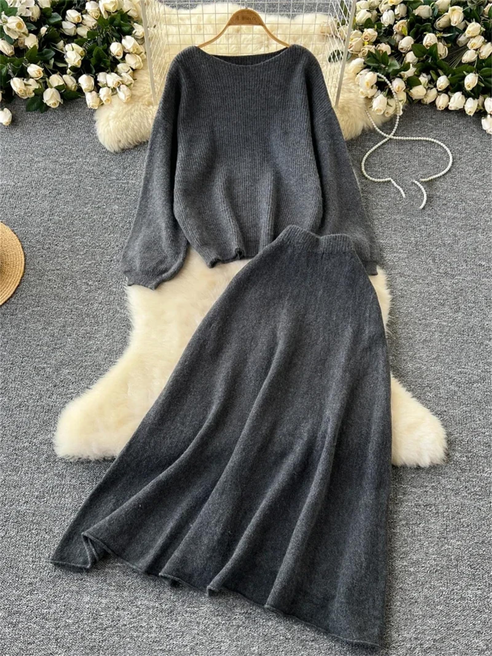 Maglione da donna 2 pezzi set inverno sciolto top + gonna elastica in vita da donna basic gonna abiti casual