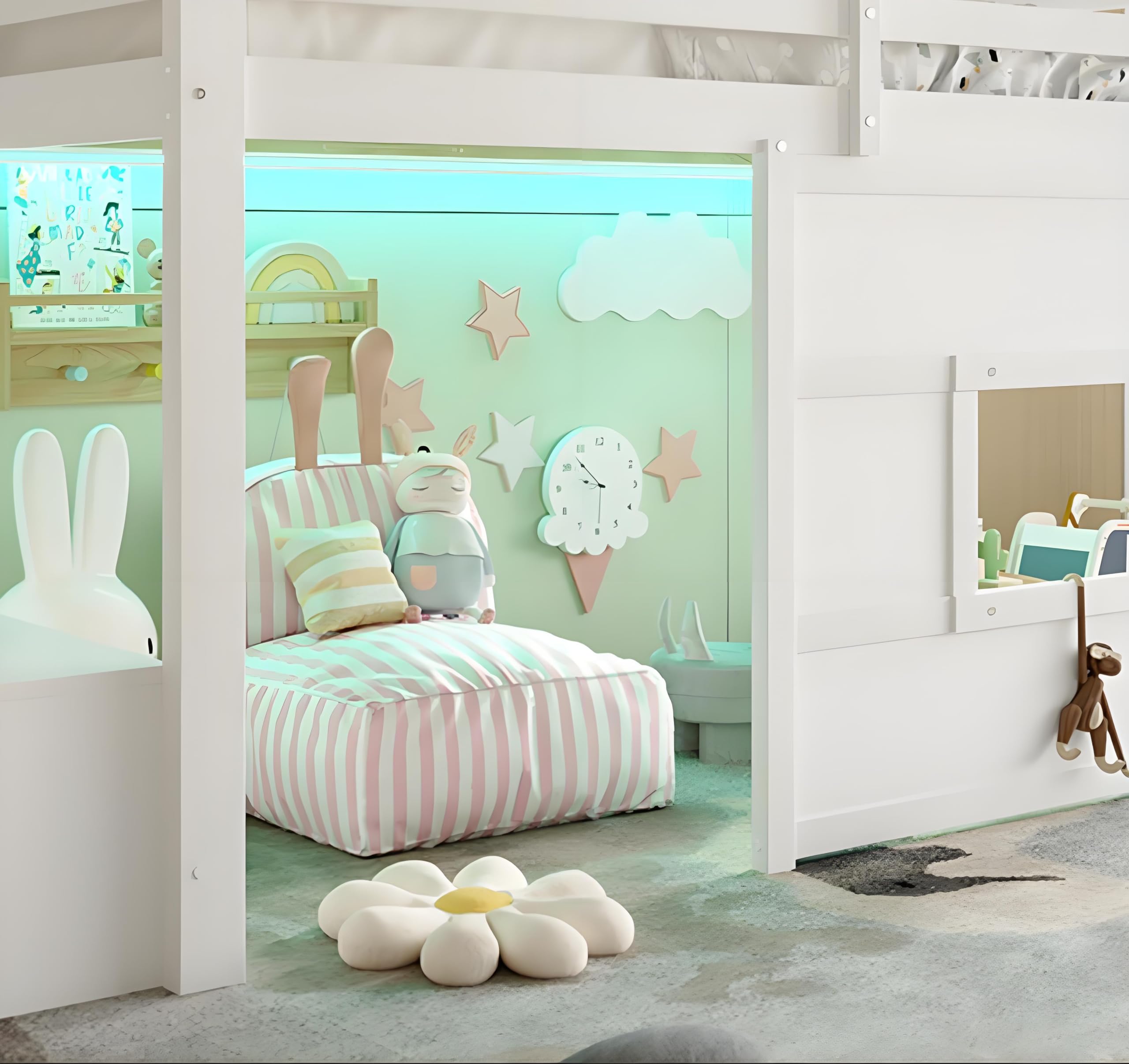 Hochbett 90x200, Kinderbett mit Stauraum Treppe und Fenster, Kinderhochbett mit LED-Beleuchtung, Stabiles Holzgestell, Verspieltes Design, Weiß