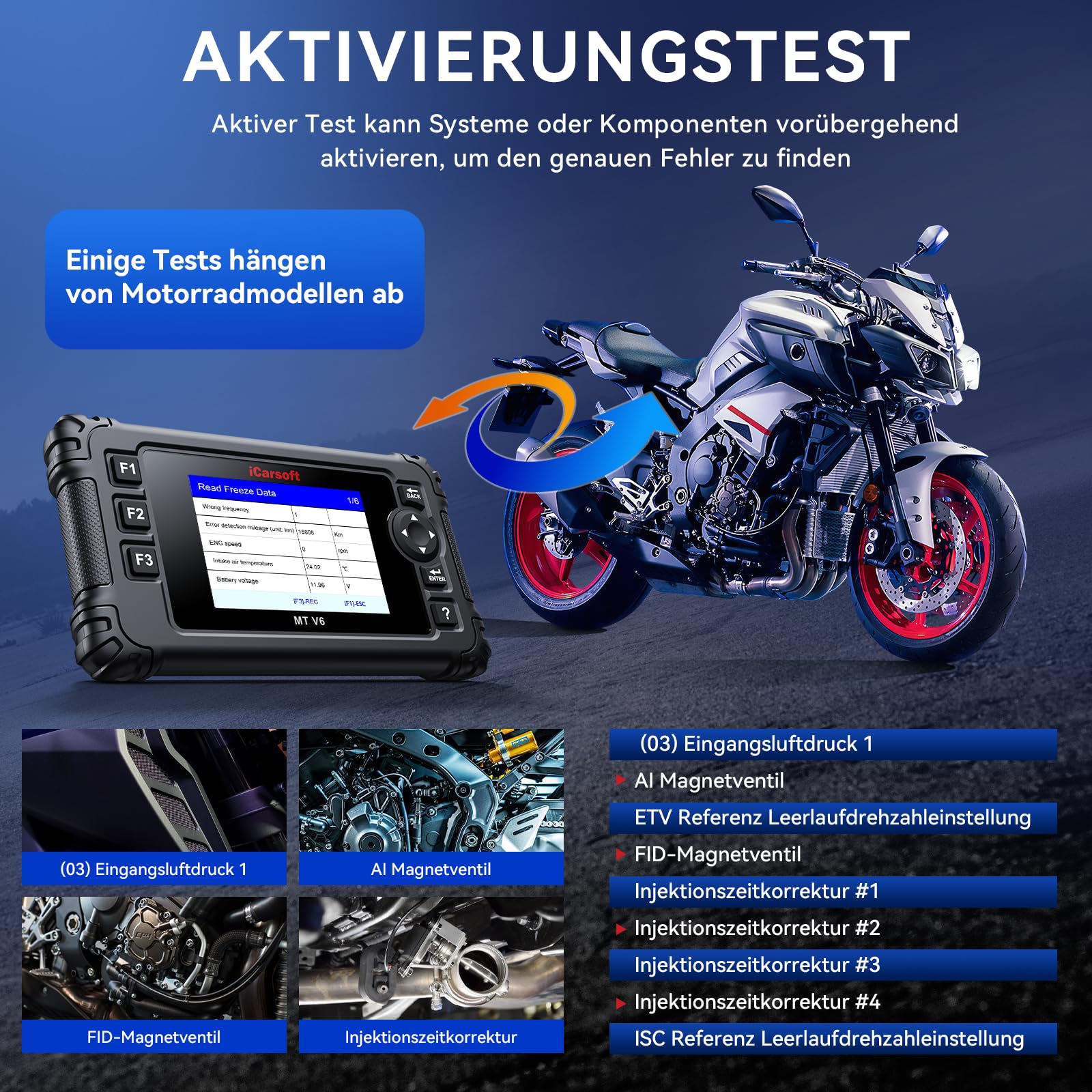 iCarsoft MT V6 Motorrad Diagnosegerät für Yamaha, Alle Systeme Diagnosen, 9 Testprojekten+ Motorrad Wartungsservices, Motorrad OBD Codeleser, Lesen/Löschen von Fehlercodes,AutoFIN, Batterietest