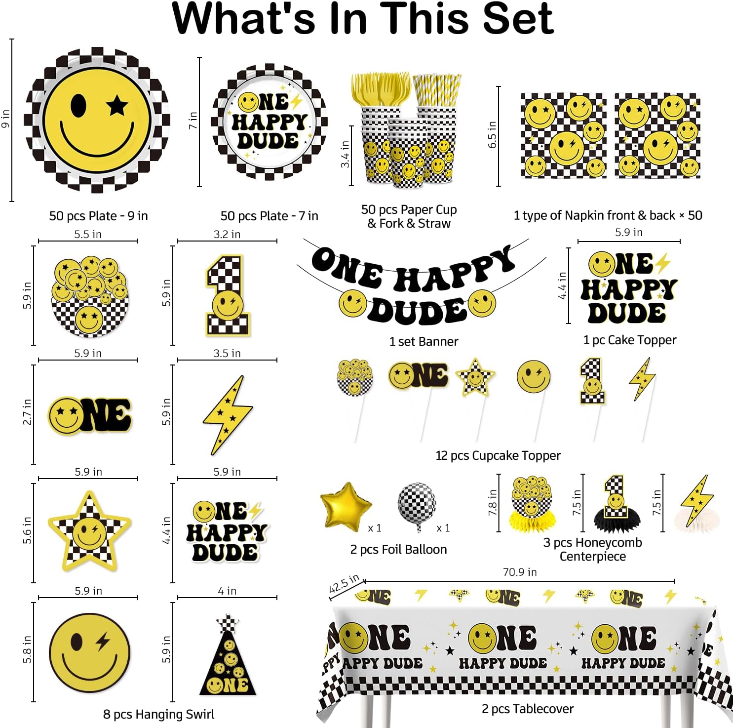 329pcs One Happy Dude Birthday Decorations Include One Happy Dude Plates and Napkins Set, Banner, Hanging, Tablecloth, Cupcake Topper, Balloon, for 1st Birthday Decorations Boy, Serves 50 - Image 2