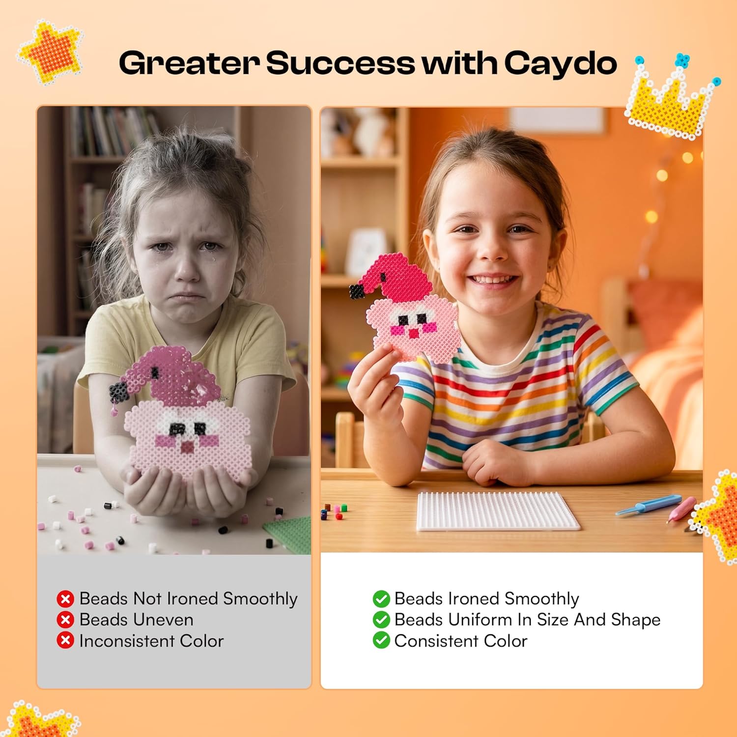 Caydo Fuse Beads Kit with Pattern-Generating App, 10500PCS 36 Colors 5mm Beads for Beginners with Pegboardx, Ironing Paper, Tweezers & Keychain Accessories for 5+Girls Home & School Projects, Gift