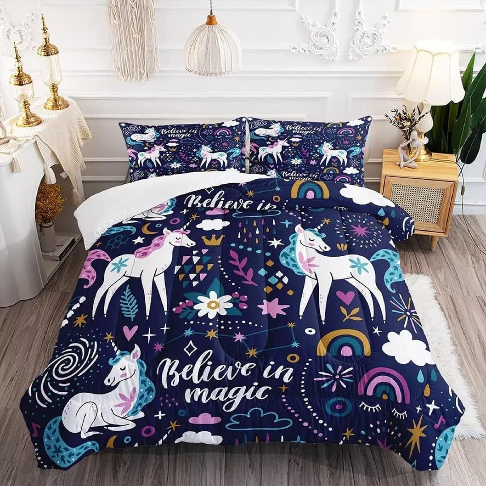 VTKON Unicorn Full Size Comforter Set Floral Bedding