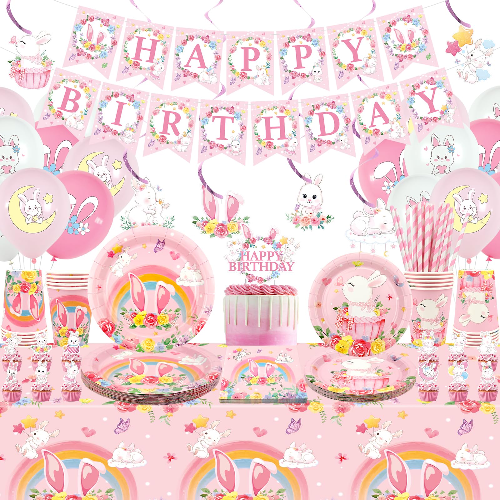 Bunny Decorazioni per feste di compleanno – Accessori per feste con coniglio tra cui striscioni, piatti, decorazioni per torte, bicchieri, tovaglioli, palloncini, tovaglie, per 20 persone (LQ