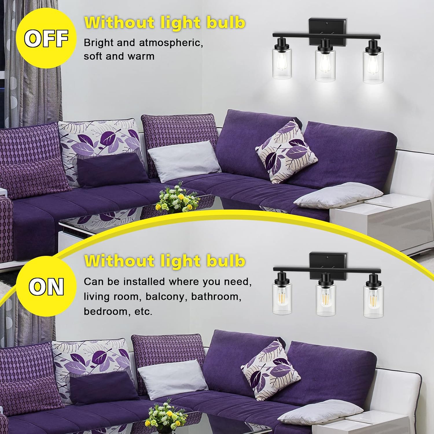 Ascher Bathroom Vanity Light Fixtures, 3 Light Wall Sconces Lighting with Clear Glass Shade, Black Wall Lights for Mirror, Kitchen, Living Room, Gallery, Hallway, E26 Base (Bulbs Not Included)