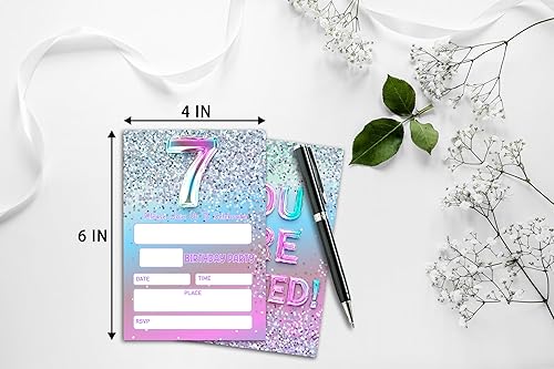 Miniatura 3 de Invitaciones de fiesta de 7 cumpleaños para niñas o niños, decoraciones para fiestas de cumpleaños temáticas con purpurina plateada, invitaciones
