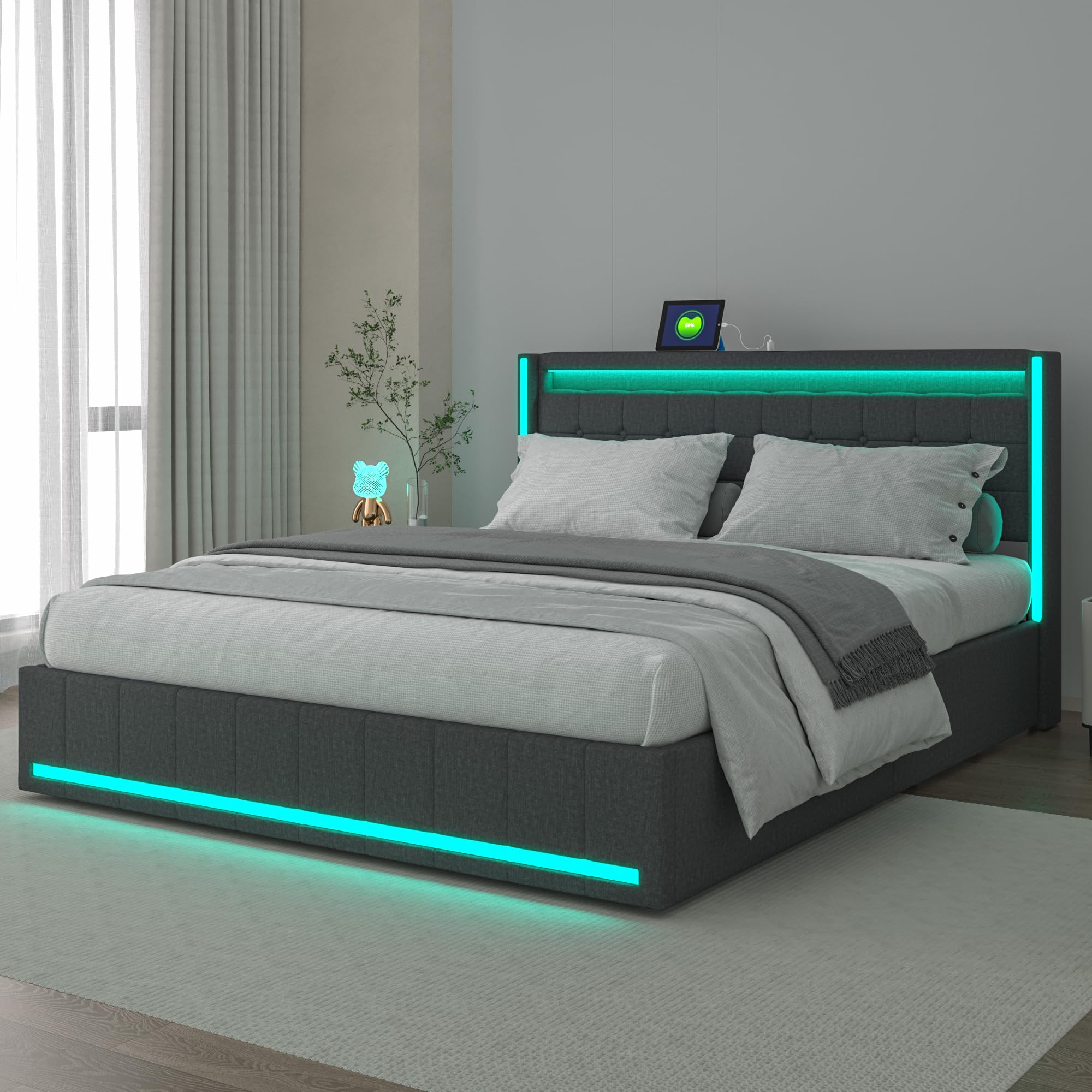 BRILVERDE Polsterbett 140x200 mit Stauraum, Doppelbett mit USB und LED, Jugendbett mit 4 Schubladen, Funktionsbett, Bettgestell mit Lattenrost, Linen (Grau, 140 x 200 cm)