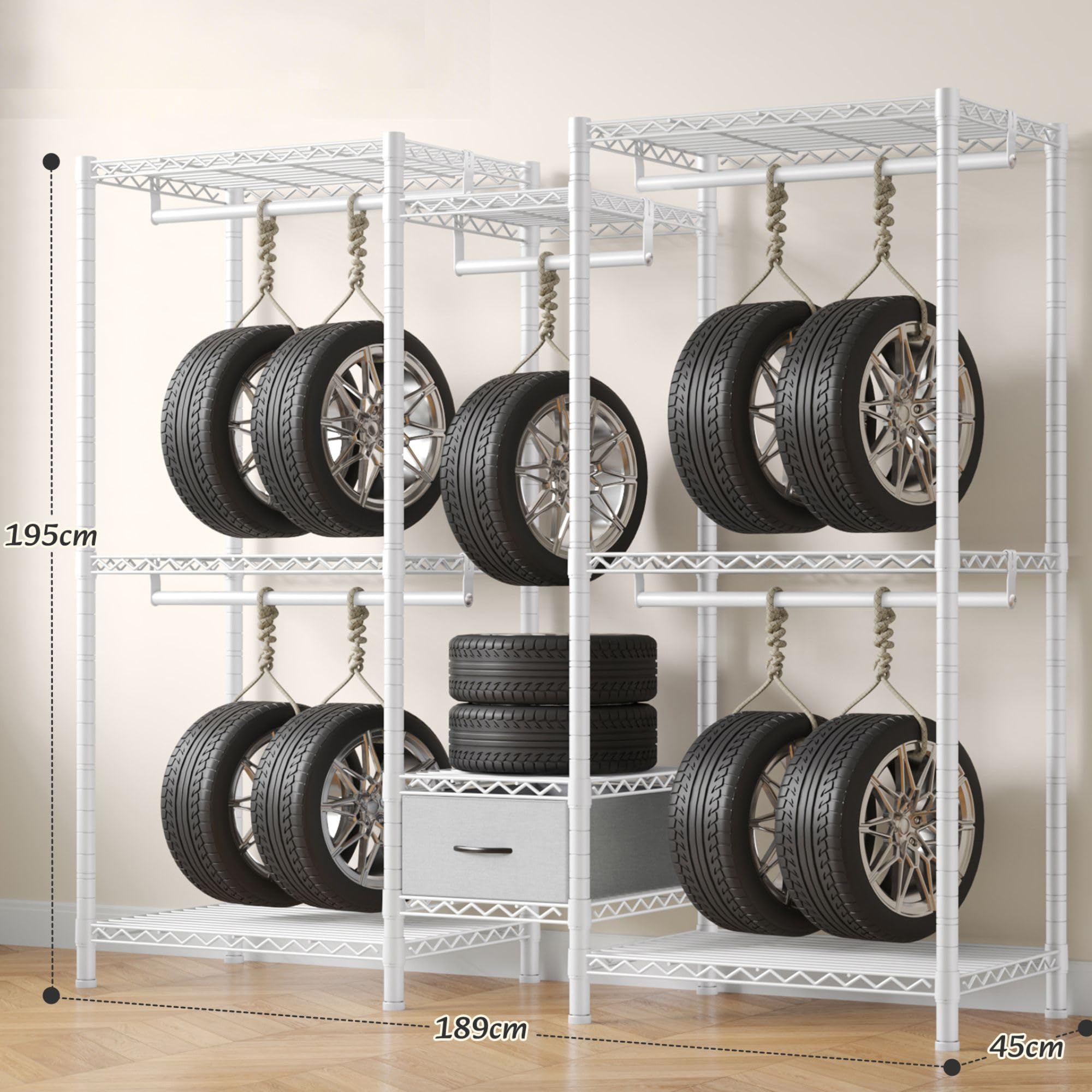 Burro ropa resistente, Armarios dormitorio metálico con 8 estantes regulables en altura, 5 barras para ropa y 1 cajón, 550 KG de carga, Perchero burro ropa, 189x45x194,5 cm, Blanco