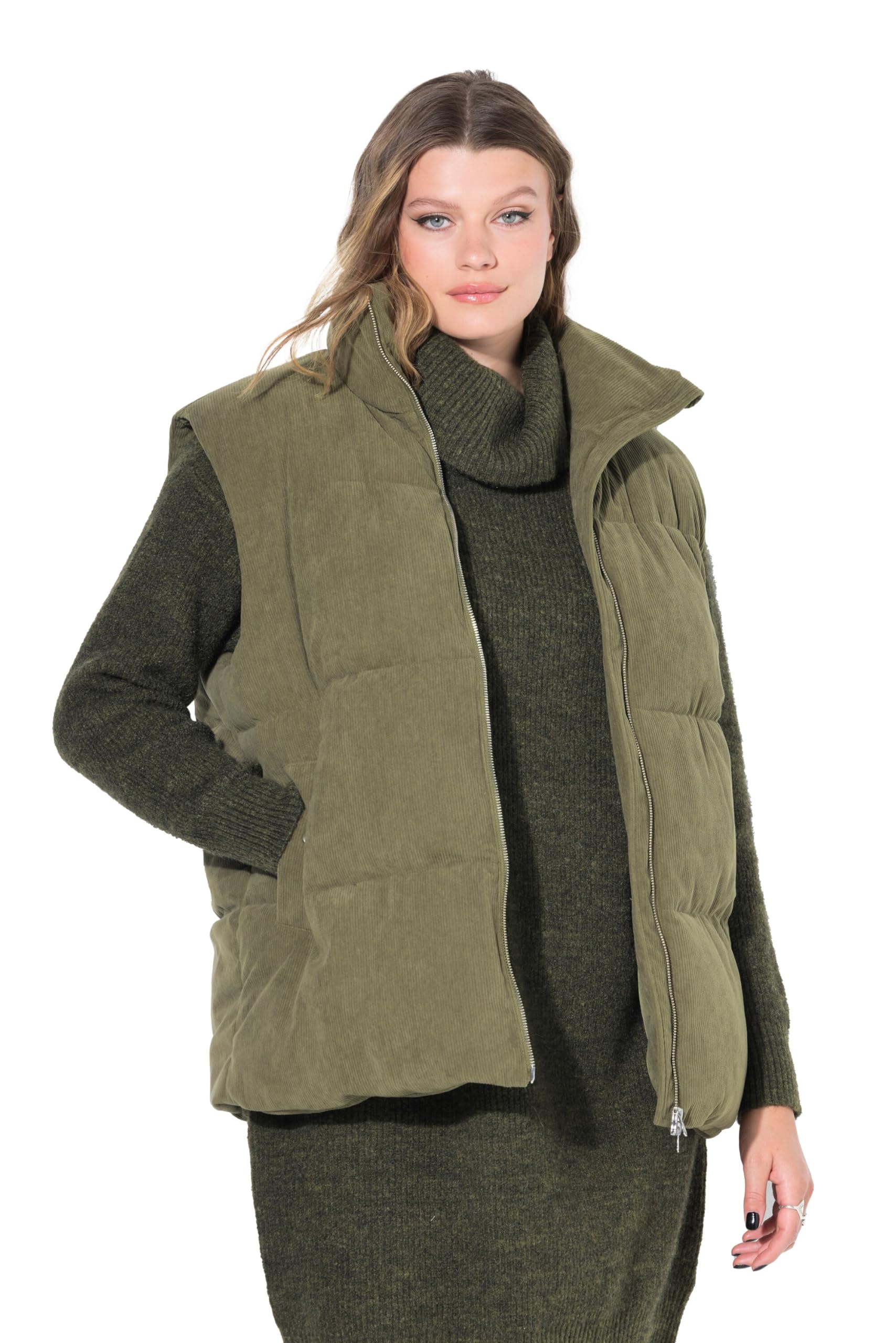 Studio Untold Damen Plus Size Steppweste – Oversize Cord, palmen grün, 50+