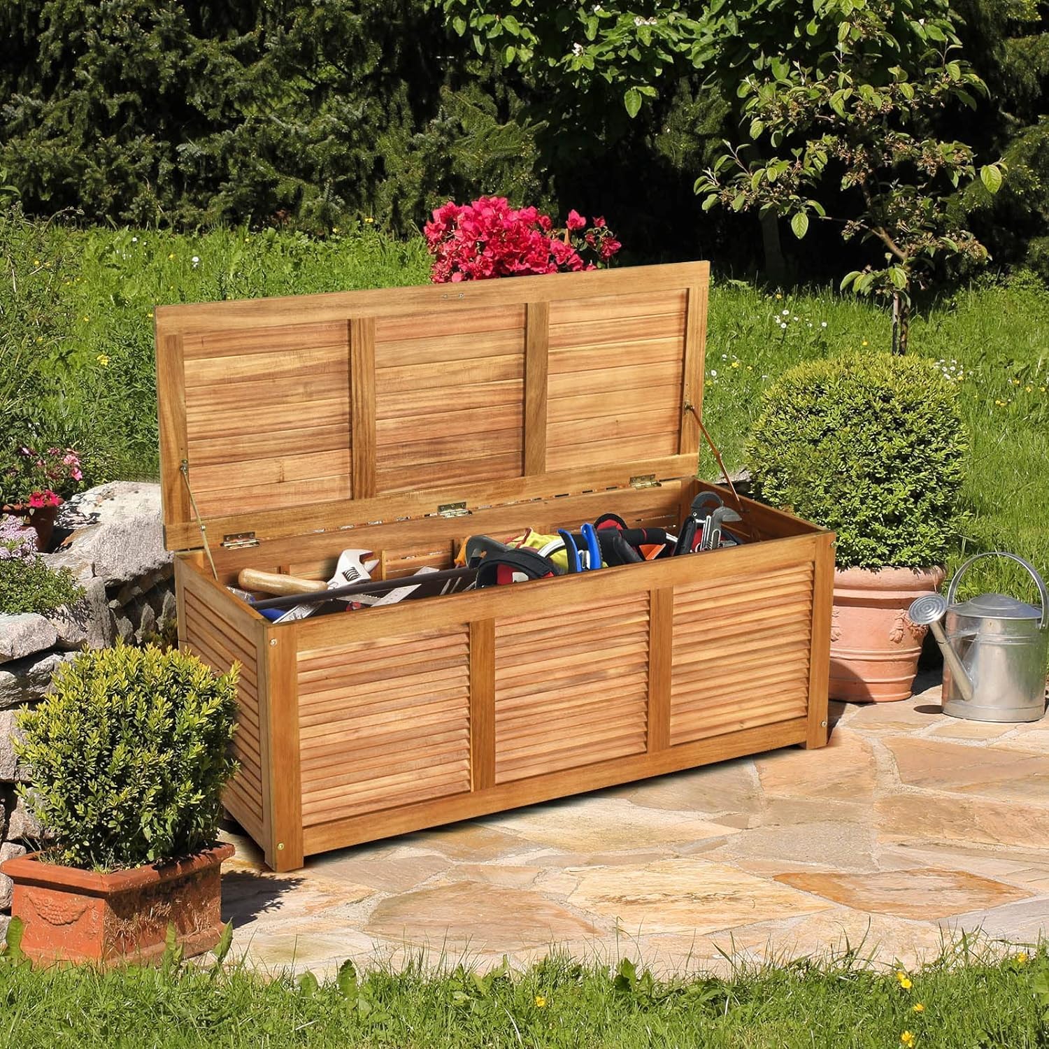 GIANTEX Arcón de Jardín, Baúl Almacenaje de Madera de Acacia, 120x45x45cm, Cofre Almacenamiento 178 L con Tapa Abatible y Diseño Persiana, Organizador para Patio, Balcón, Piscina