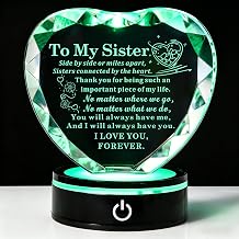 Crystal Heart Gift for Sister, Personalized Crystal Keepsake with LED Base, Sister Birthday Gifts from Sisters Brothers, Glass Heart Decorations for Home