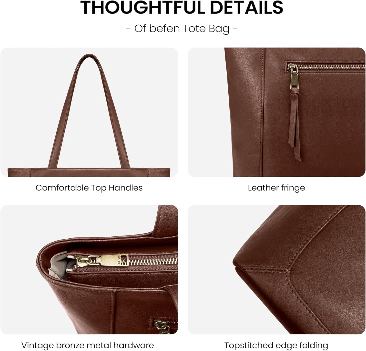 befen Genuine Leather Tote Bag for Women, Work Purse with Zipper and 15.6" Compartment - Image 6