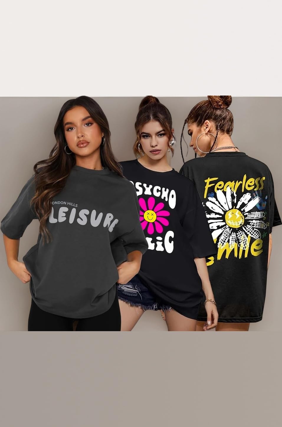 London Hills Women's Cotton Oversized Fit Printed Round Neck Oversized T-Shirt | Loose Fit Drop Shoulder T-Shirt Pack of 3