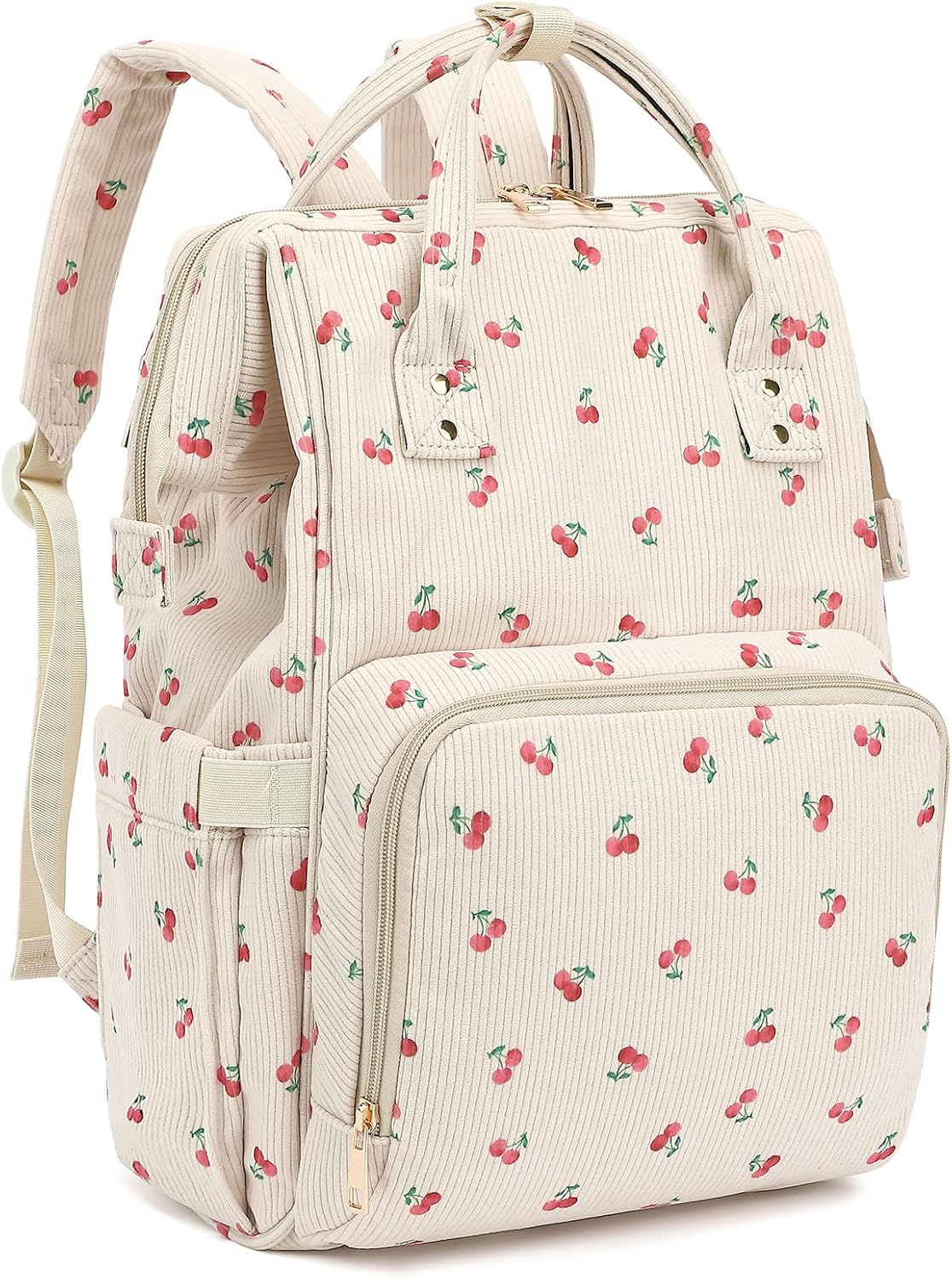 Corduroy Diaper Bag Backpack for Women, Large Capacity Baby Bag for Mom and Girls Boys with Stroller Straps (Cherry)