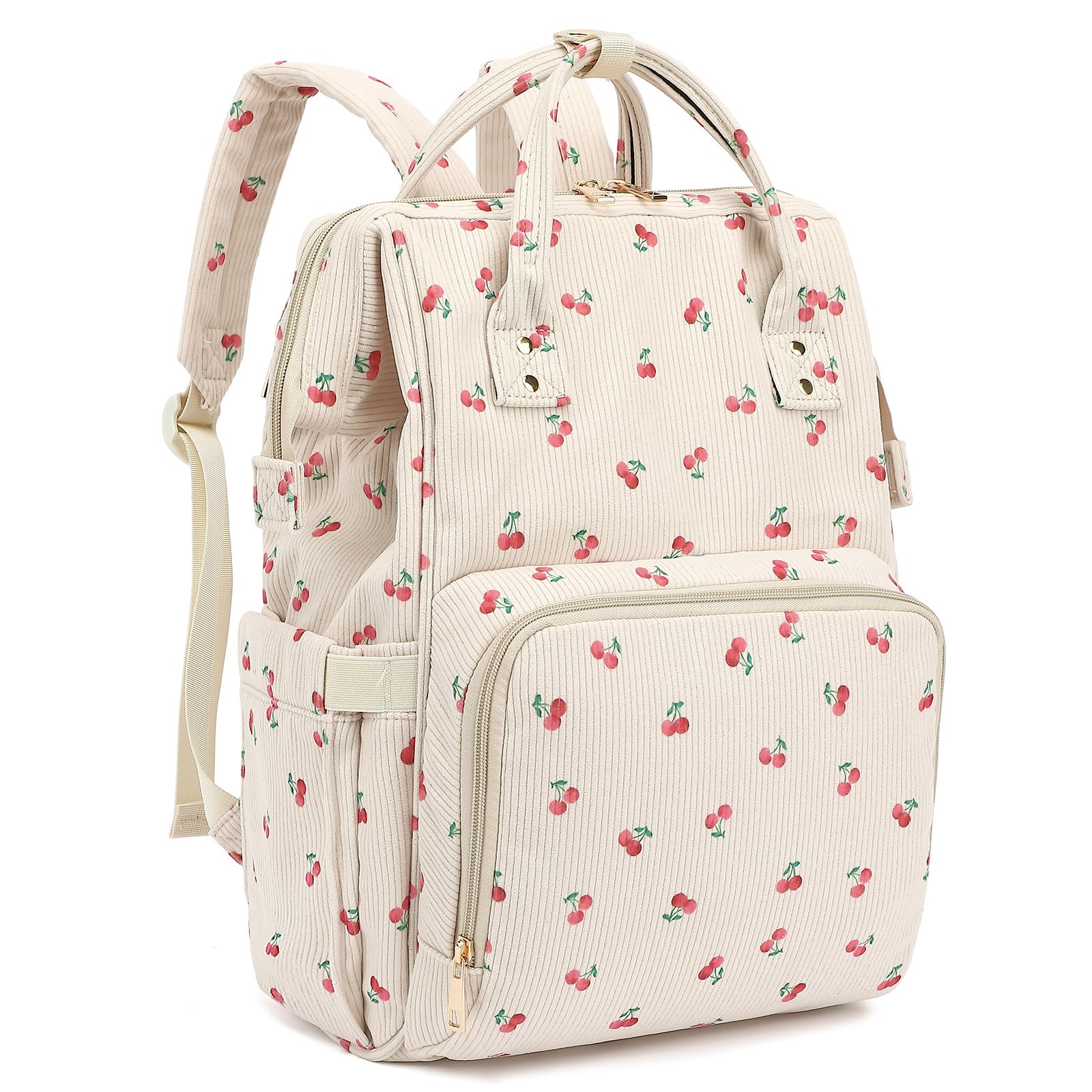 Xunteny Corduroy Diaper Bag Backpack for Women, Large Capacity Baby Bag for Mom and Girls Boys with Stroller Straps (Cherry)