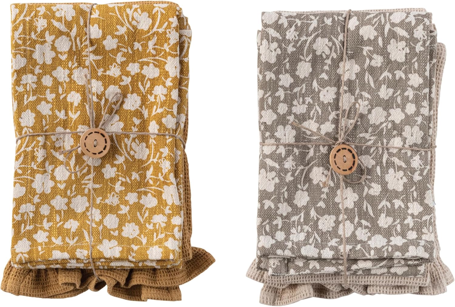 Cotton Decorative Tea Towel with Beautiful Flower Prints and Jute Rope for Dining and Kitchen, Yellow and Grey, Set of 2