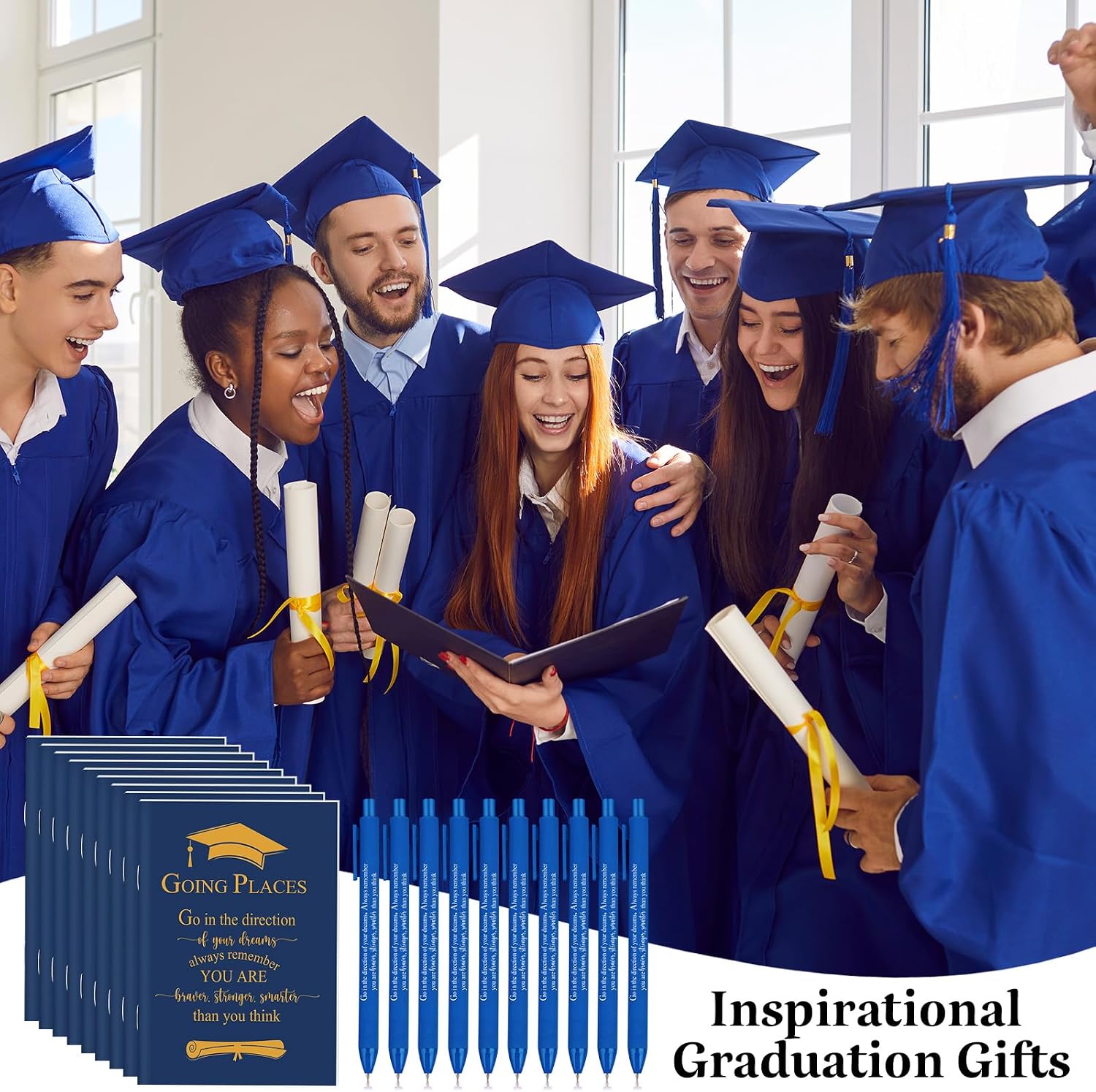 Kosiz 120 Pcs 2026 Graduation Gifts Bulk Motivational Kraft Notebooks Ballpoint Pens Inspirational Mini Journal Bamboo Plastic Retractable Pen for Class of 2026 College Grad Gifts (Blue)