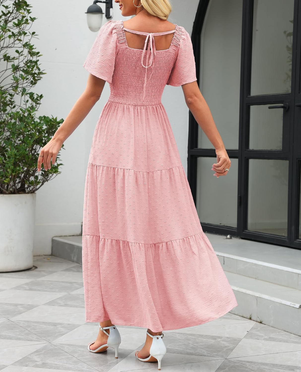 Women's Summer Maxi Dress Boho Swiss Dot Square Neck Short Sleeve Smocked Long A Line Wedding Guest Dresses for Women Pockets - Image 3