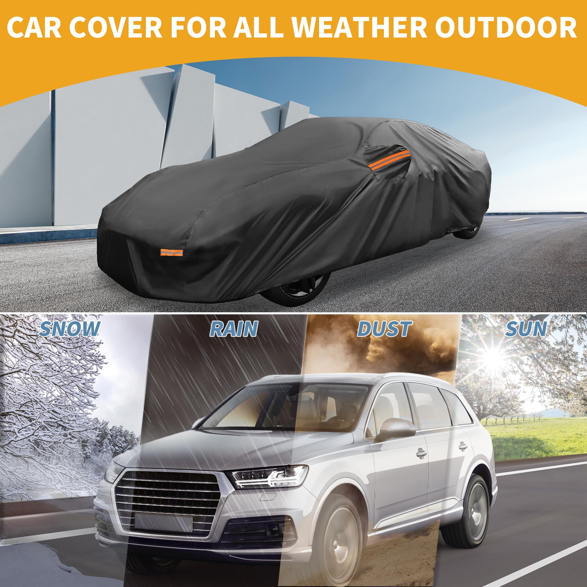 Housse De Voiture Étanche Toutes Saisons pour Porsche 718 1Pc | Noir, 210D-PU, 445x180x110cm, Protection UV, Pluie, Soleil, Bandes Réfléchissantes, Utilisation Extérieure