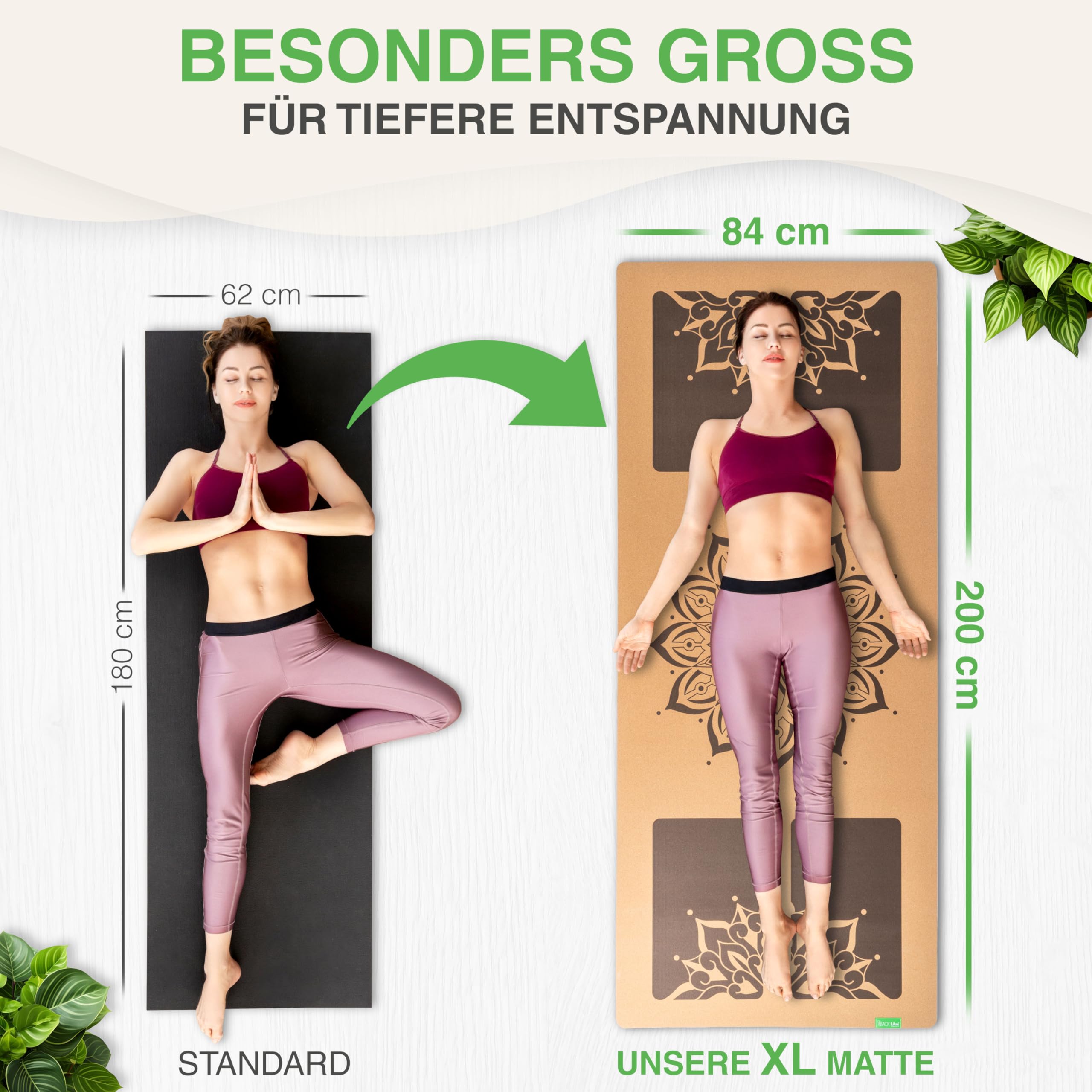 BACKLAXX ® Yogamatte Kork XXL [50% mehr Fläche] mit Naturkautschuk | Yoga-Matte rutschfest | nachhaltige Yogamatten | Fitnessmatte mit Anti-Rutsch-Zonen | inkl. Tragegurt