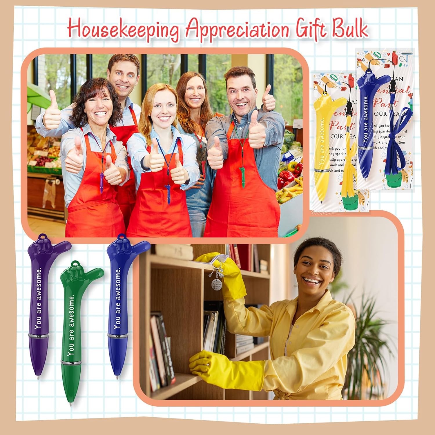 50 Sets Housekeeping Appreciation Gift Thumbs up Pens Team Keychains Thank You Cards Christmas Favors Inspirational Gift