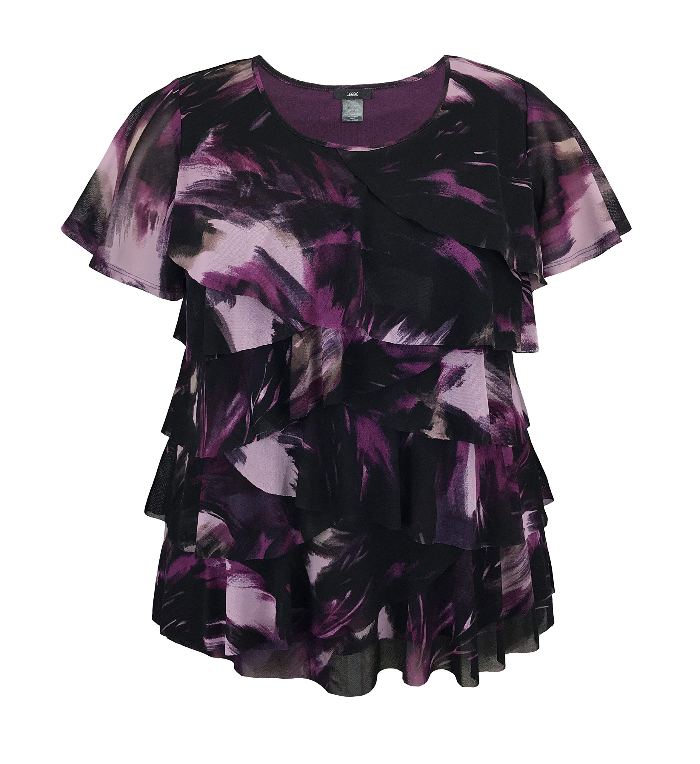 LEEBE Women and Plus Size Printed Mesh Ruffle Top (Small-5X)