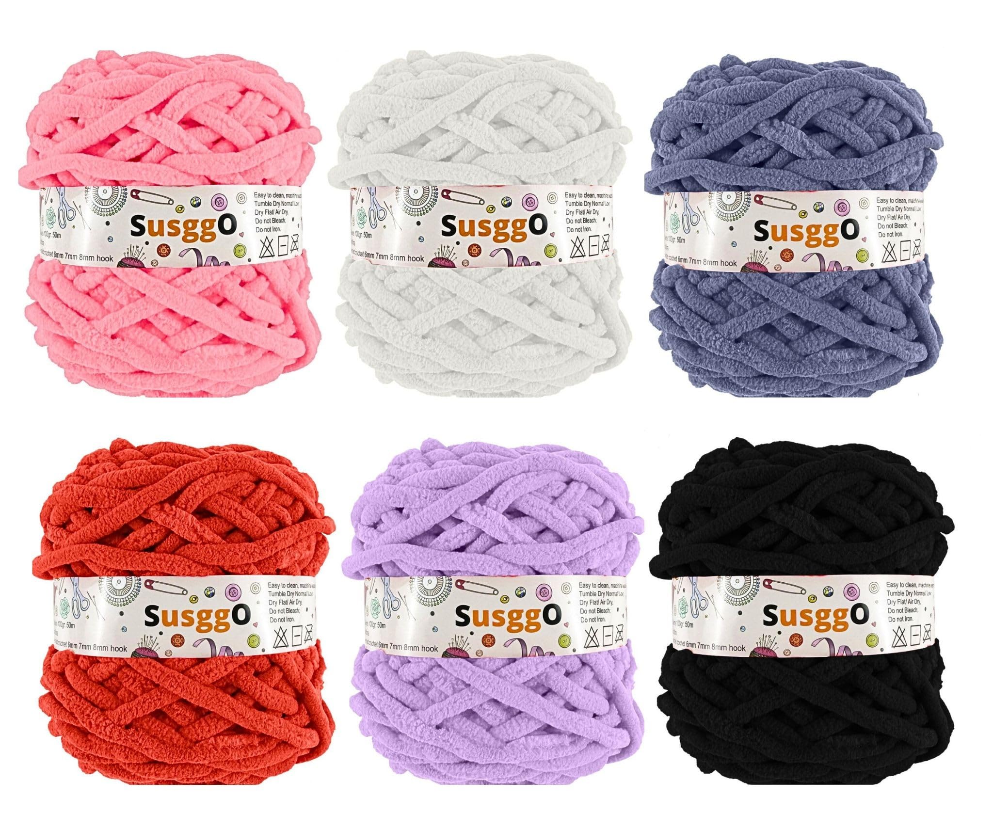 SusggO Pack 6 Ovillos De Lana Chenilla De 100g Y 50m, Colores Blanco, Negro, Rojo, Verde, Amarillo Y Azul, Ideal Para Amigurumi Y Crochet