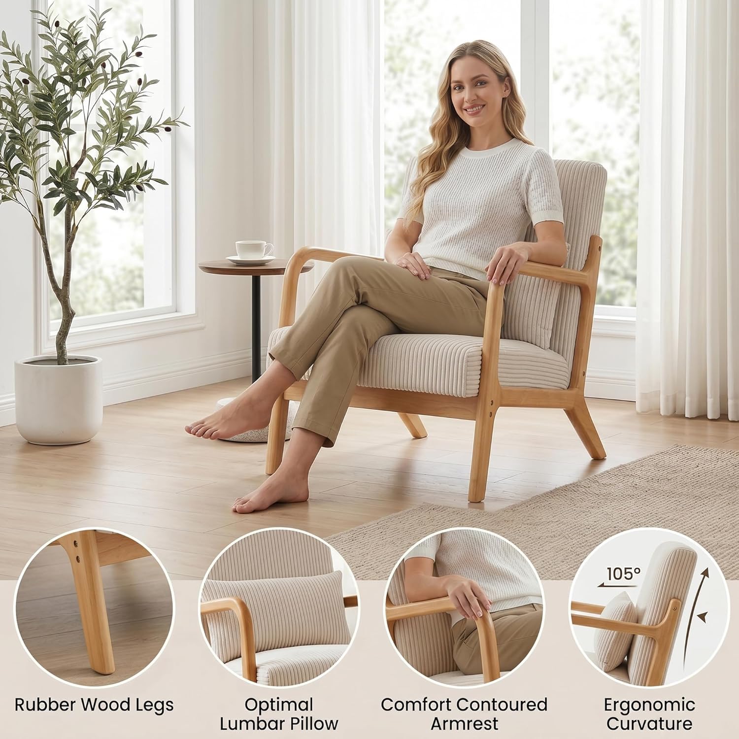 Mid Century Modern Accent Chair, Upholstered Corduroy Armchair with Lumbar Pillow, Solid Rubberwood Frame for Living Room, Bedroom, Waiting Room, Beige