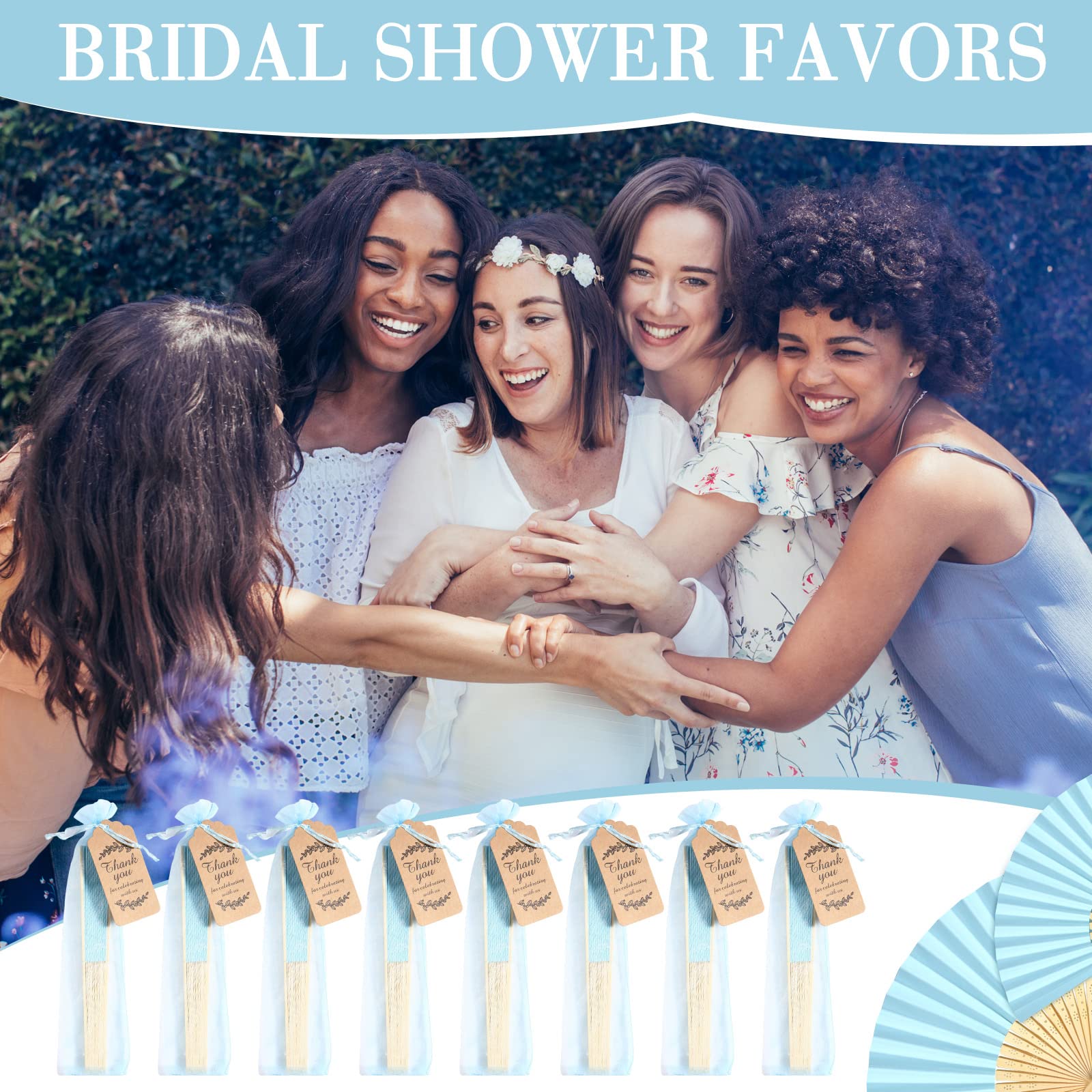 Roowest 50 Pack Handmade Paper Folding Fans with Gift Bags Thank You Card, Bamboo Handheld Folded Fan for Home DIY Office Decor Wedding Party Baby Shower Party Gift Accessories (Blue)