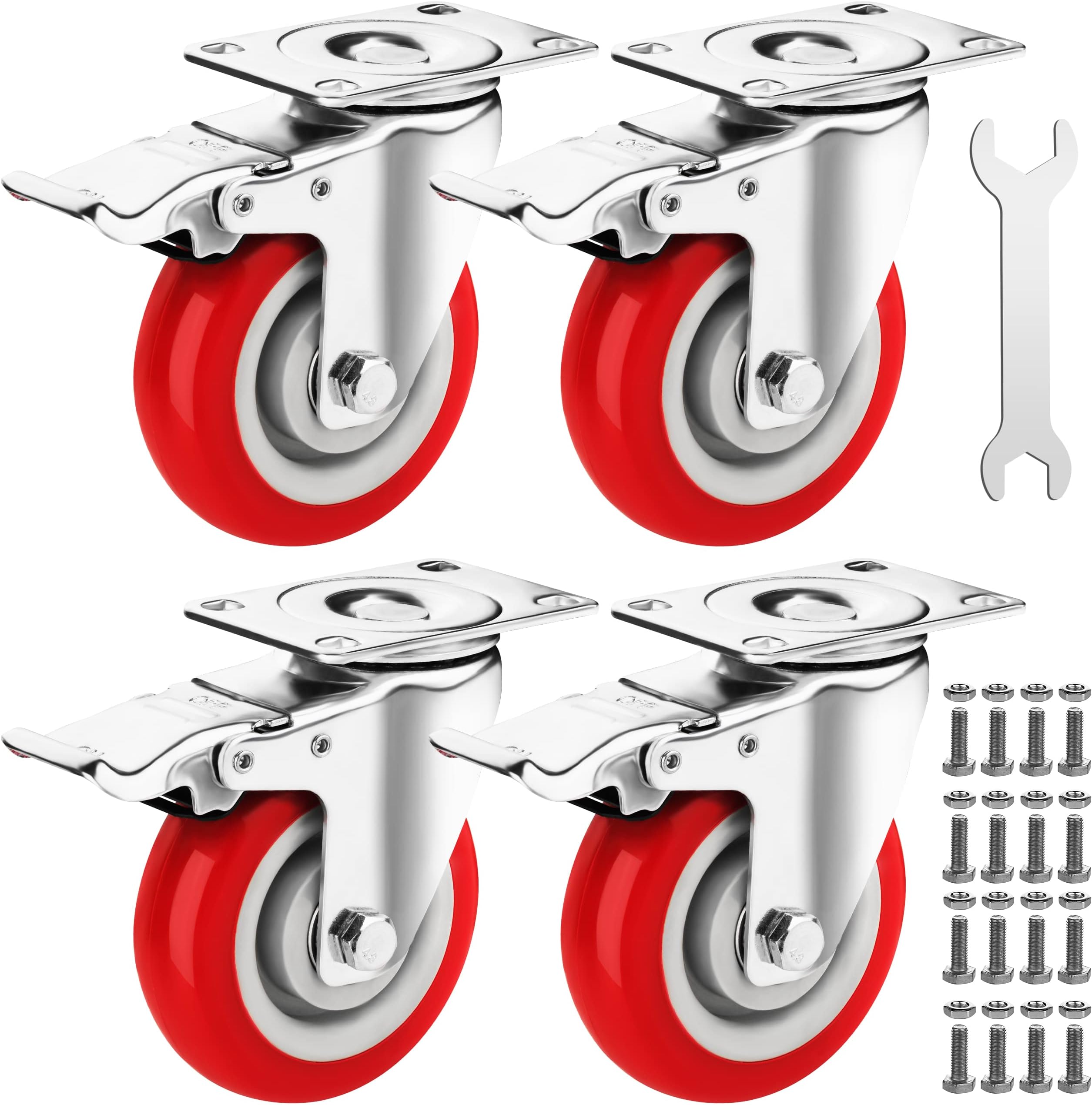 4 Inch Caster Wheels Heavy Duty Casters Set of 4 (2200lbs Load Capacity) Lockable Cart Wheels with Brakes, 360 Degree Rotatable - Ideal Caster for Cart, Furniture and Workbench (4 x Brakes)