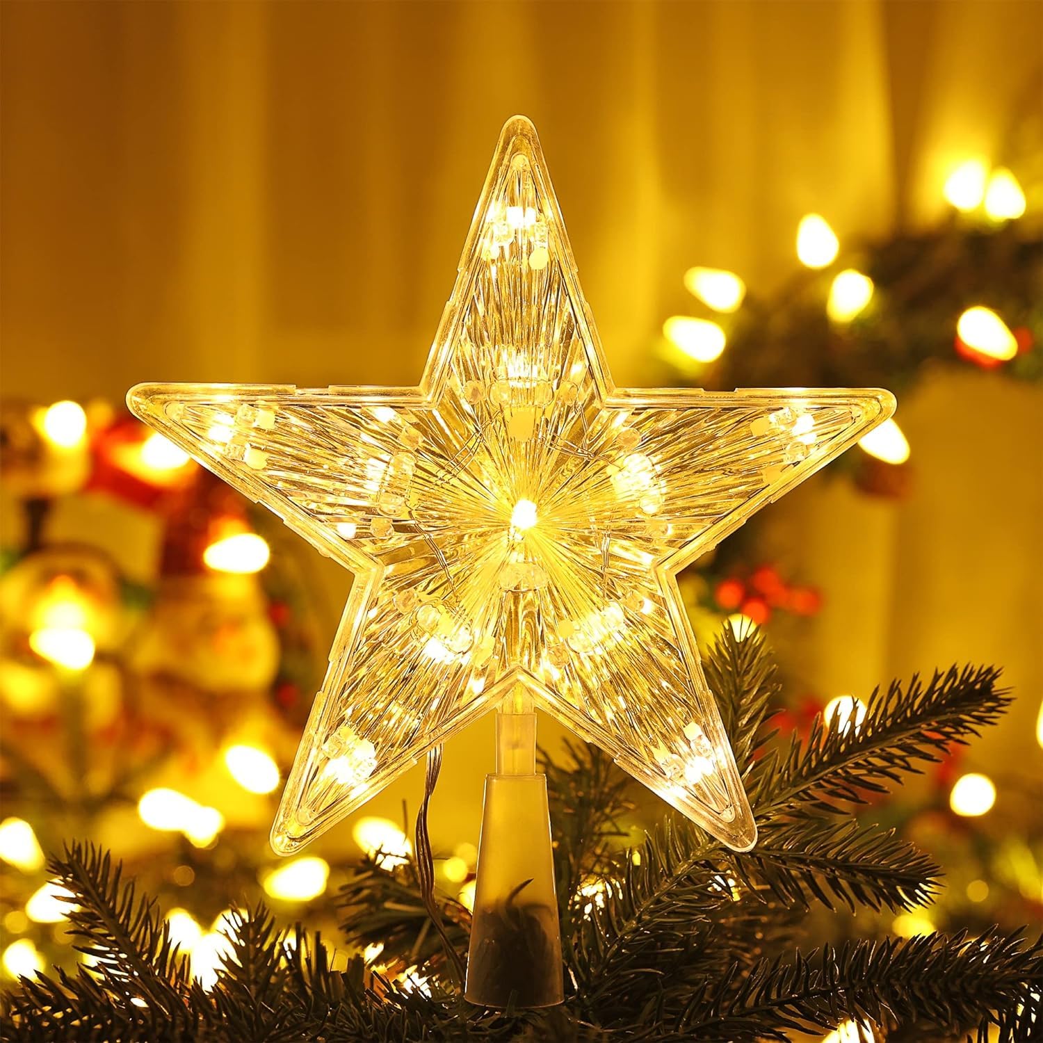 PartySanthe LED Gold Star Christmas Tree Topper Star Tree Topper Gold Star for Christmas Tree Decorations - 1pc