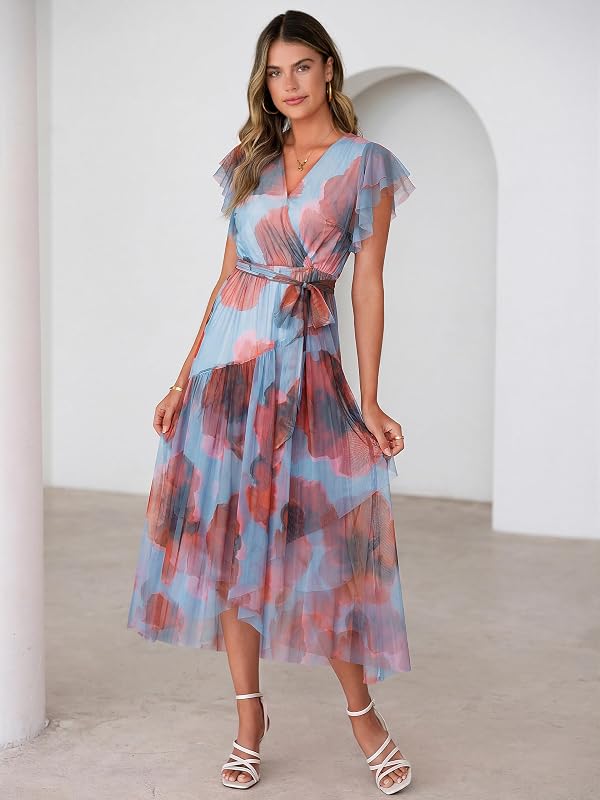 Simplee Womens Summer Floral Boho Maxi Dress 2026 Flutter Sleeve Print Ruffle Mesh Midi Vacation Wedding Guest Dress(Blue Red L) by Simplee - Used condition - Image 7