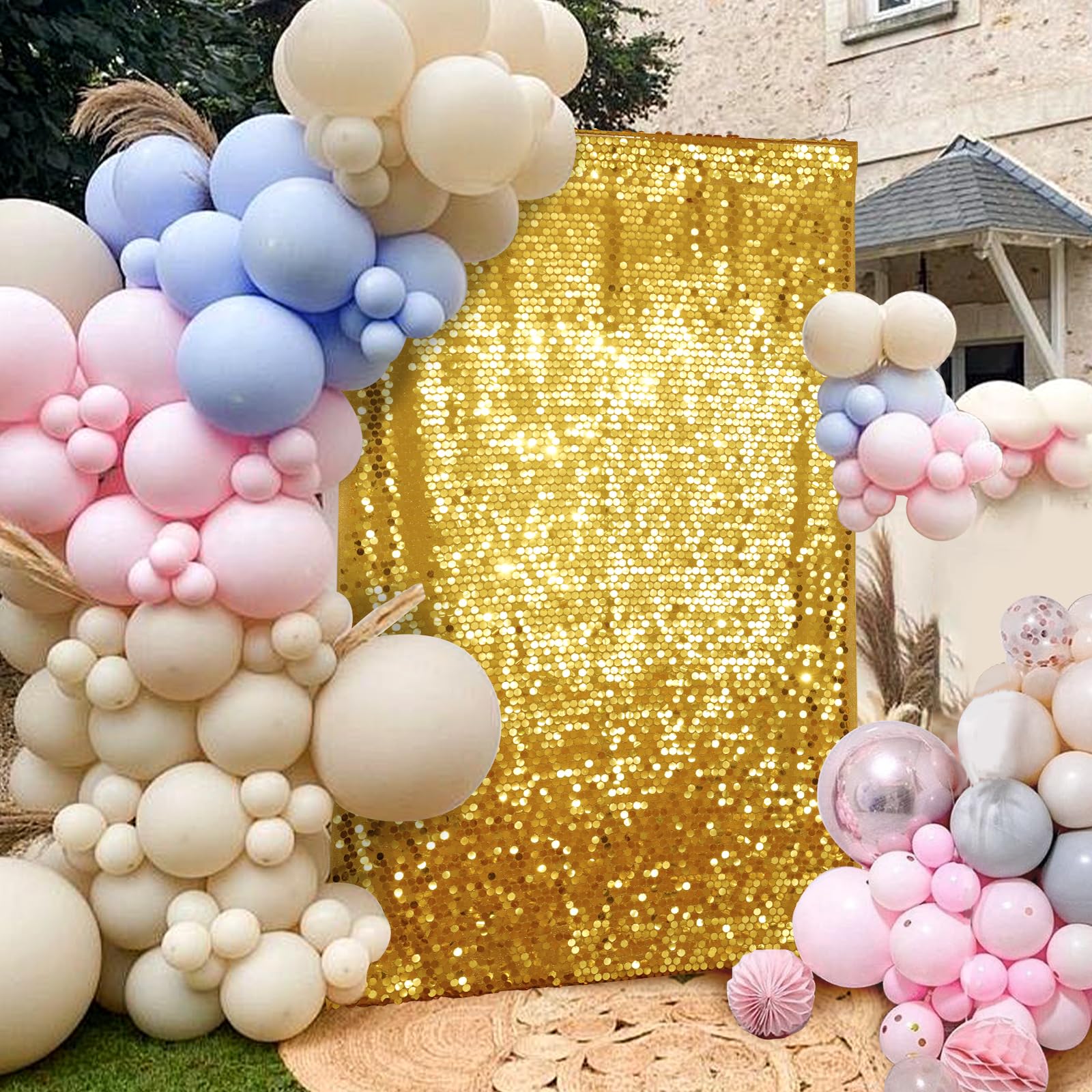 PartyDelight Telón de fondo de pared con lentejuelas doradas, paneles brillantes para fotografía, accesorios de fotografía de 4 x 7 pies, para decoración de cumpleaños, boda, fiesta