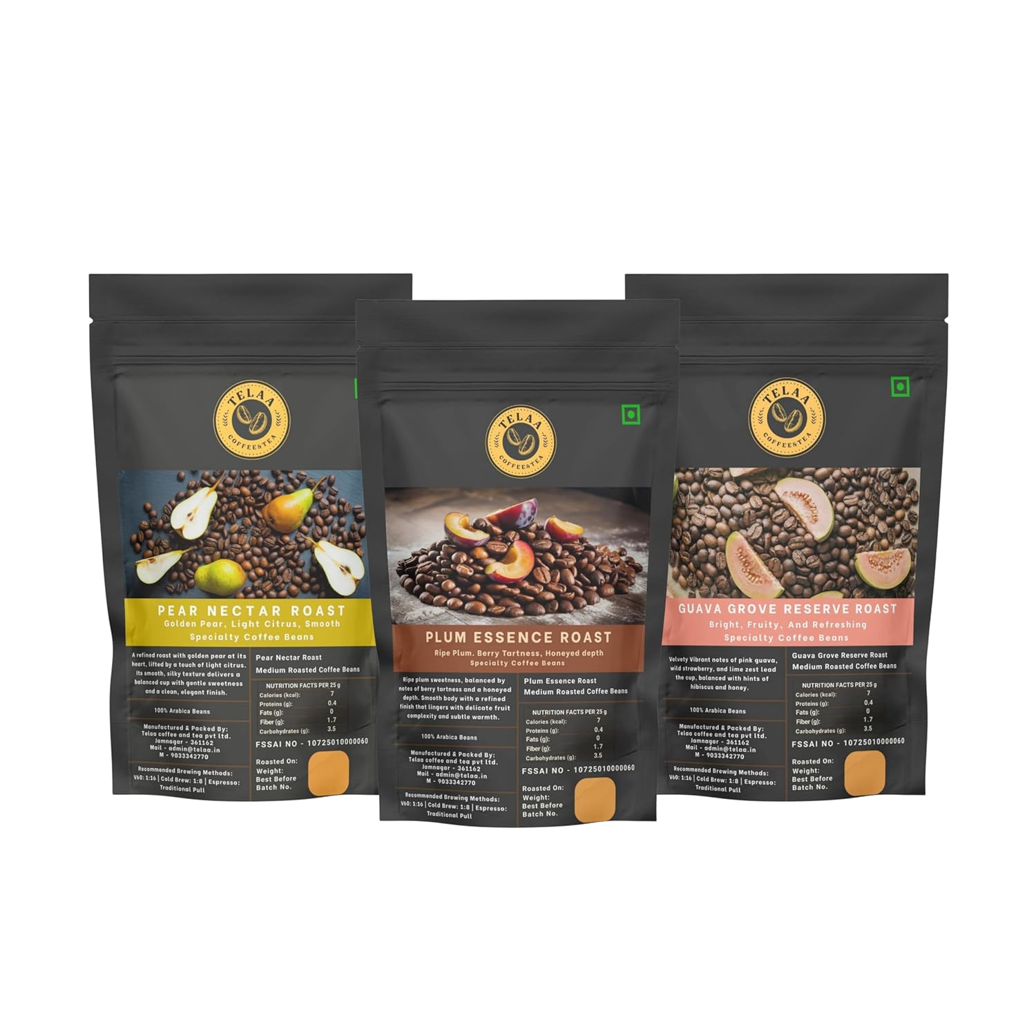 Telaa Fruity Specialty Coffee Beans Combo | Plum Essence, Pear Nectar & Guava Grove Reserve | Fresh Roasted 100% Arabica | Premium Gourmet Coffee | Enjoy with V60, Aeropress, Espresso & Cold Brew | Perfect for Coffee Lovers Telaa Fruity Specialty Coffee Beans Combo | Plum Essence, Pear Nectar & Guava Grove Reserve | Fresh Roasted 100% Arabica | Premium Gourmet Coffee | Enjoy with V60, Aeropress, Espresso & Cold Brew | Perfect for Coffee Lovers