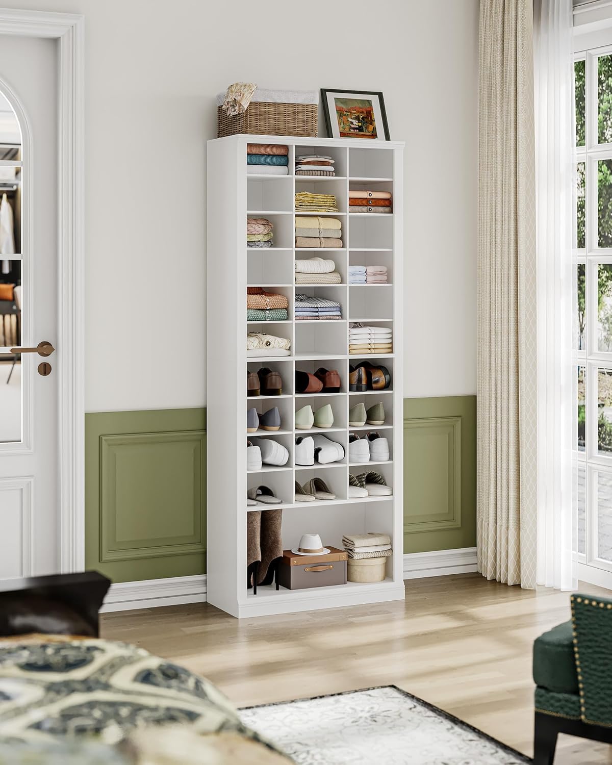 Hzuaneri 11 Tiers Shoe Storage Cabinet, Tall Shoes Cabinet with Cubby, Freestanding Wooden Shoe Organizer, 30-33 Pairs, Shoes Cubby Organizer for Entryway, Bedroom, White SR39303X