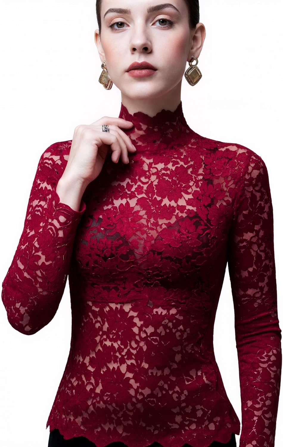 Women's Sexy Slim Fitting Long Sleeved Turtleneck Pullover Bottom Shirt Mesh Lace Perspectives T-Shirt Top - Image 8