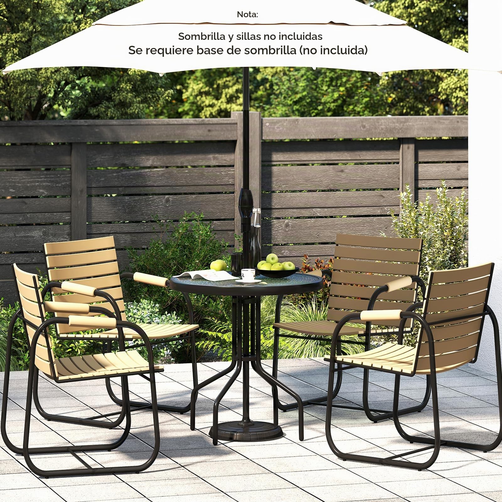 KOMFOTTEU Mesa de Jardín de Vidrio Templado con Agujero para Sombrilla 4 cm | Mesa de Comedor Redonda con Marco de Metal, para Balcón, Terraza, Diámetro 70 cm
