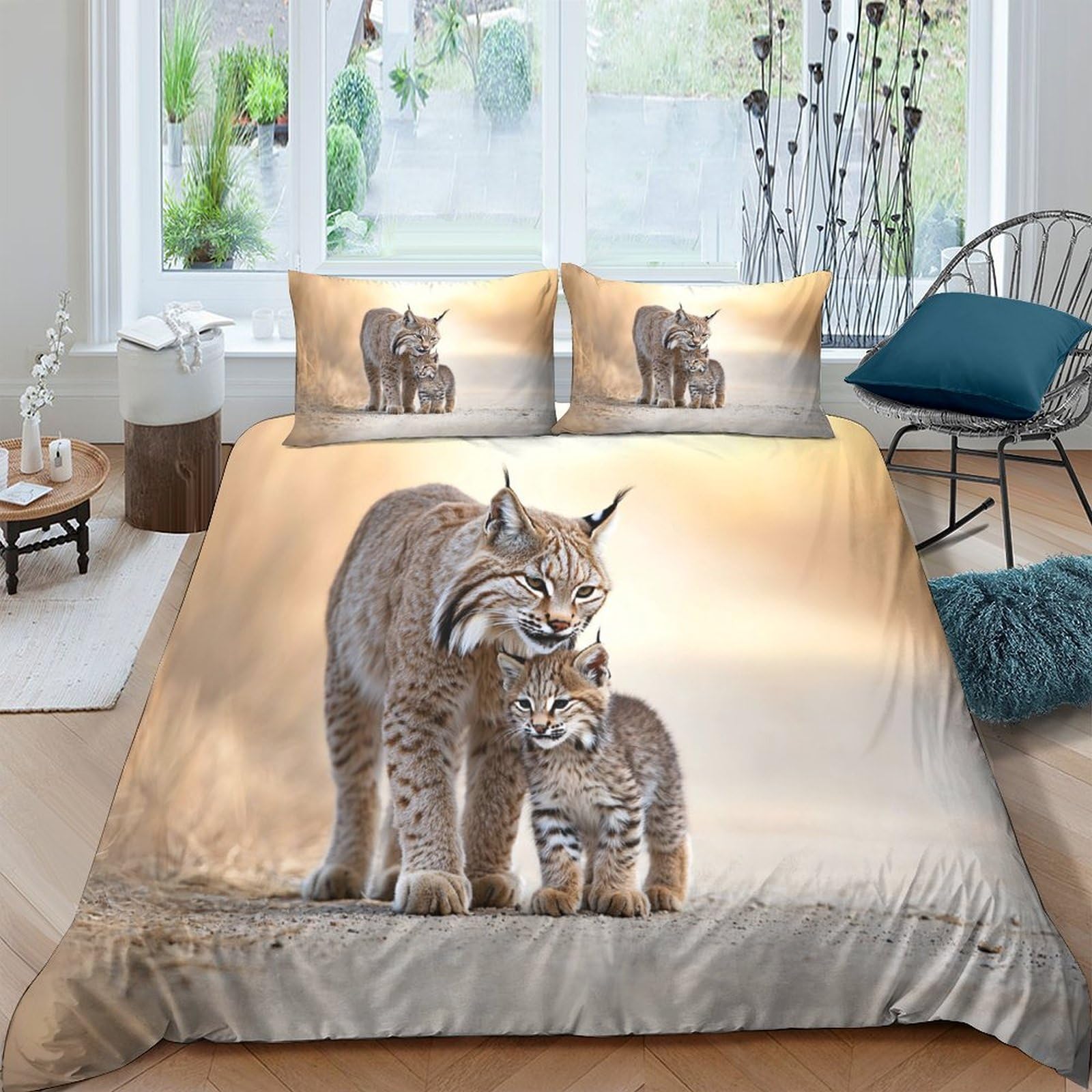 Ctjqhvkz Style-10 3D Printed Lynx Family Fitted Sheet Microfiber Soft Animal Theme Bed Cover For Bedroom Dorm Mattress Protection Single（135X200cm）