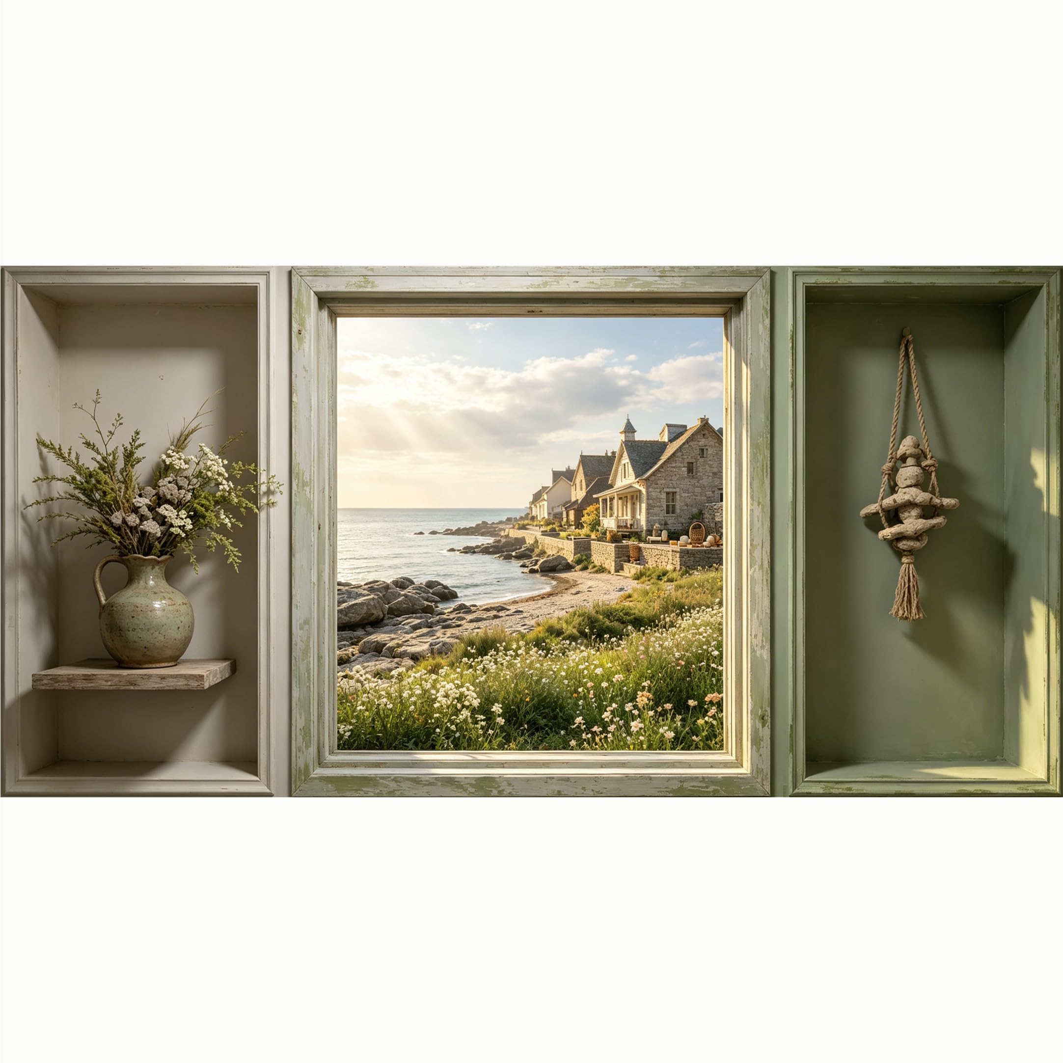 QZLITHOTIC 50x100cm 3D Framed Wall Art， Coastal Seaside Village Window Landscape， WaterActivated Peel & Stick Fabric Decor Wall Decal for Bedroom Living Room