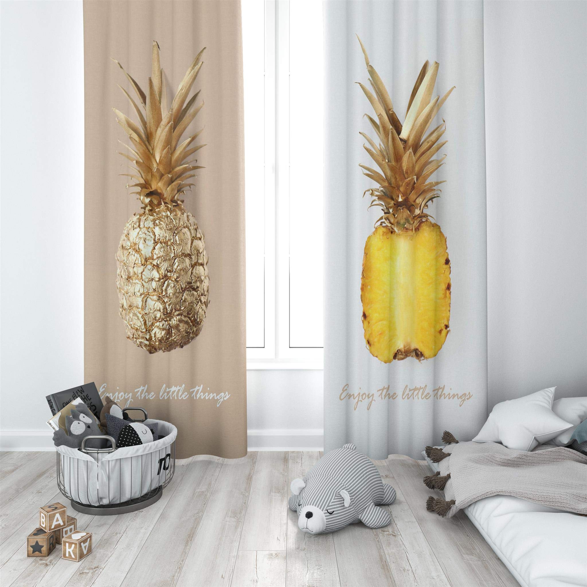 Factory4me Pineapple Curtains Fruit Print Rod Pocket Room Darkening Drapes 84 inches Long Window Panels Set of 2 for Living Room Bedroom Kitchen Dining Room, Gold Yellow White