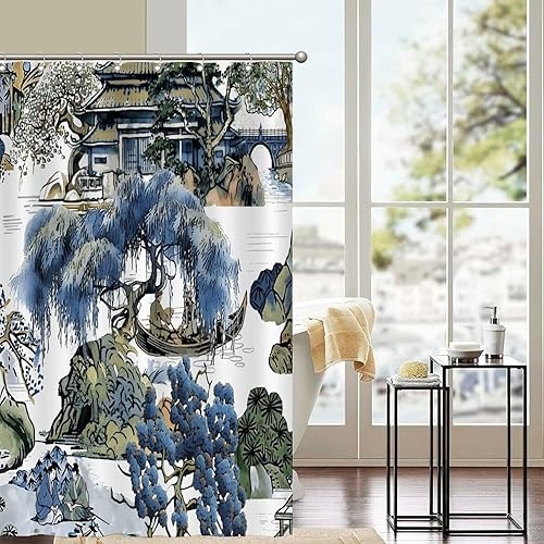 Miniatura 1003 de Cortinas de ducha de baño con ganchos, 72 x 92 pulgadas, cortina de ducha de tela impermeable con diseño de flores y pájaros, cortina de ducha