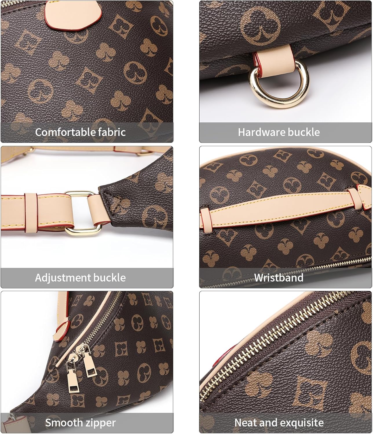Women's Vintage Monogram Fanny Pack, Convertible Crossbody Waist Bag for Travel & Everyday Use with Adjustable Strap & Gold Hardware