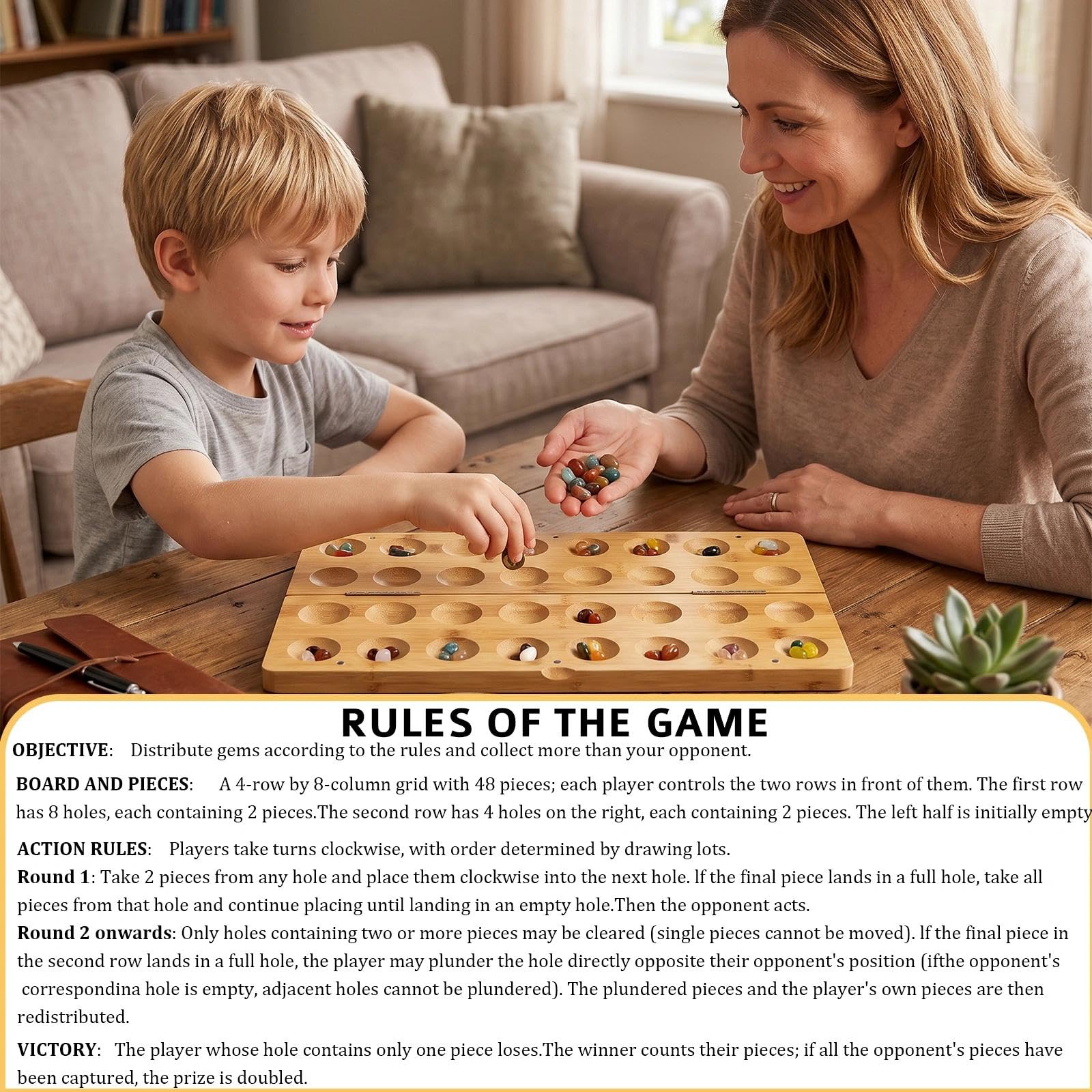Classic Steinchenspiel Kalaha Spiel Diamant Spiel aus Holz mit 65 Edelsteinen Edelsteinspiel Faltbare Strategiespiele Bohnenspiel für Kinder Erwachsene Strategiespiel Geschenk
